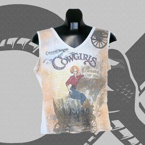 Vintage Covered Wagon Cowgirl Top Women's XL Studded V-Neck Made in USA